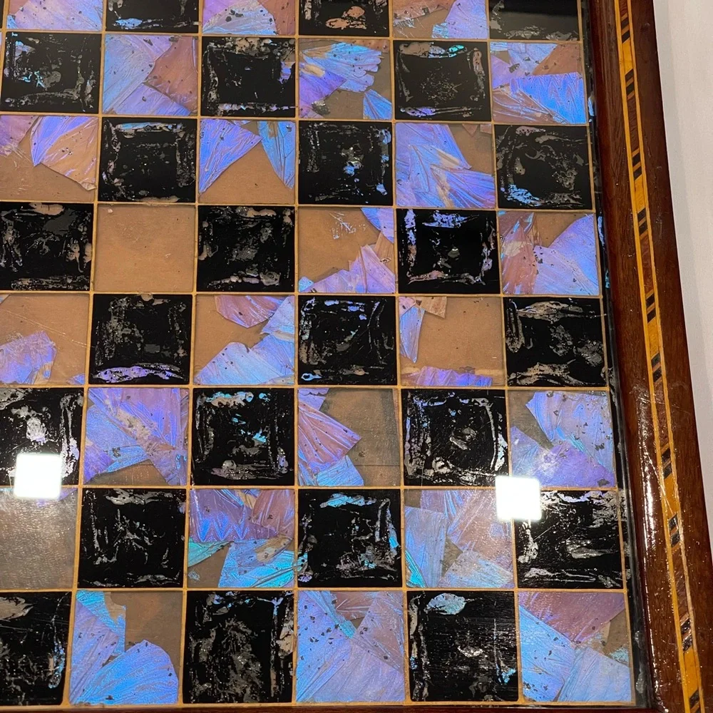 Vintage Chess Checker Board Rare Butterfly Wing Artwork Real inlaid wood BRAZIL - Picture 3 of 16